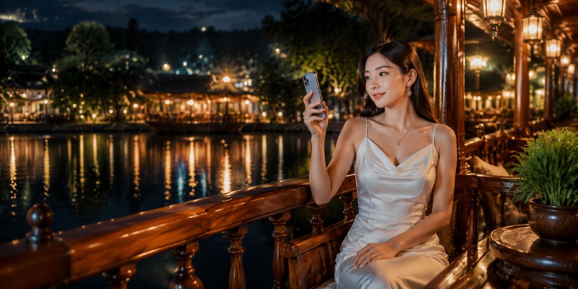 Người dùng Đà Lạt chơi casino trên điện thoại tại quán cà phê trong đêm