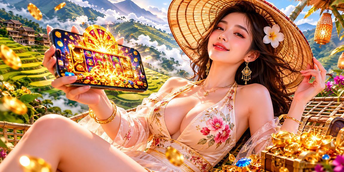 Người phụ nữ Sapa đội nón lá chơi slot game trên điện thoại tại vùng núi